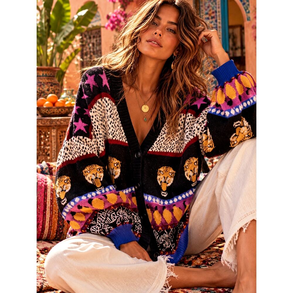 FARM Rio Tiger Banana Oversized Knit Cardigan Sweater Large